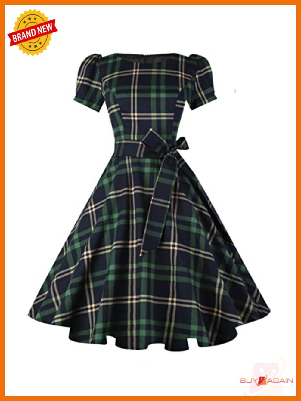 Boatneck Vintage Cocktail Dress with Puff Sleeves, A-Line, Pockets